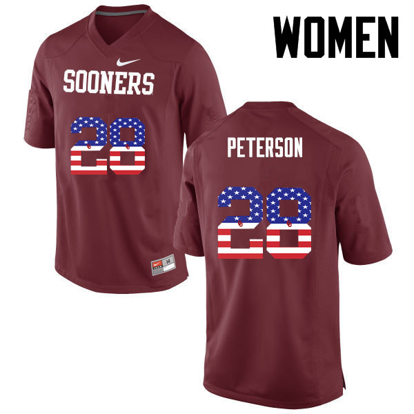 Women Oklahoma Sooners #28 Adrian Peterson College Football USA Flag Fashion Jerseys-Crimson